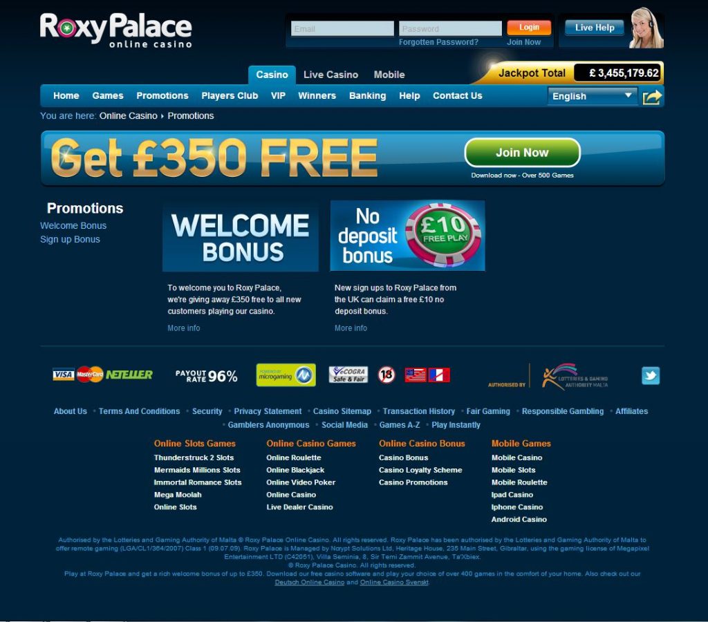 Sitio web oficial del casino Roxy Palace